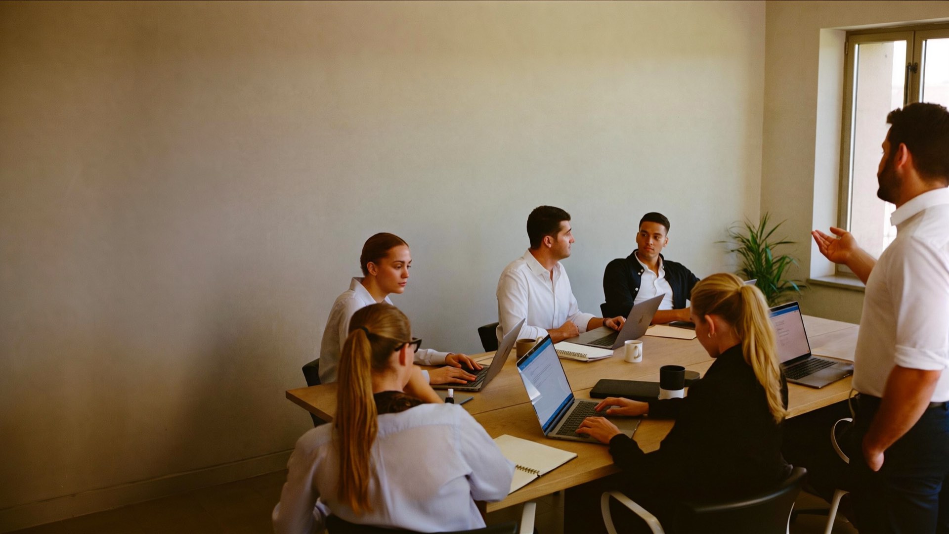 Workshop in einem Besprechungsraum: Ein Trainer steht rechts am Fenster und erklärt mit offener Hand, fünf Kolleginnen und Kollegen sitzen mit aufgeklappten Laptops am Tisch, hören zu und arbeiten mit