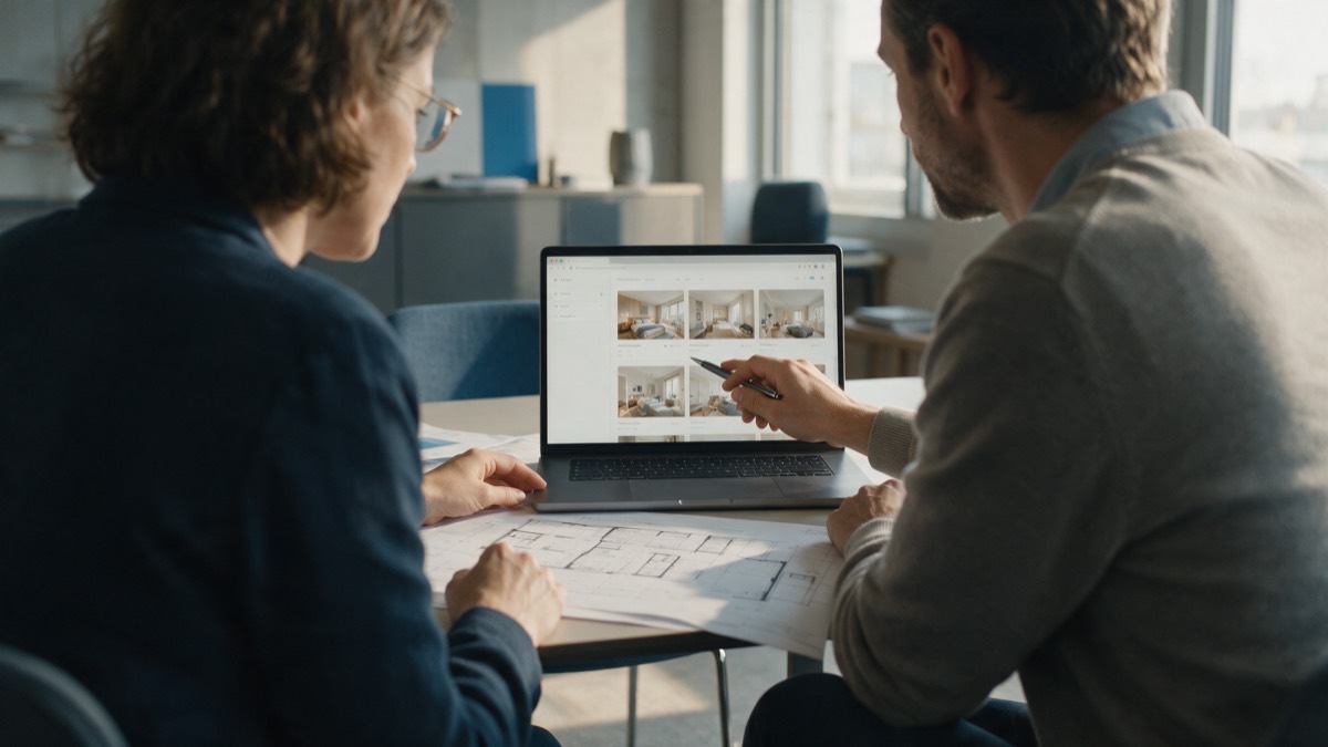 Zwei Personen zeigen am Laptop auf ein Immobilien-Listing, auf dem Besprechungstisch liegt ein Grundrissplan
