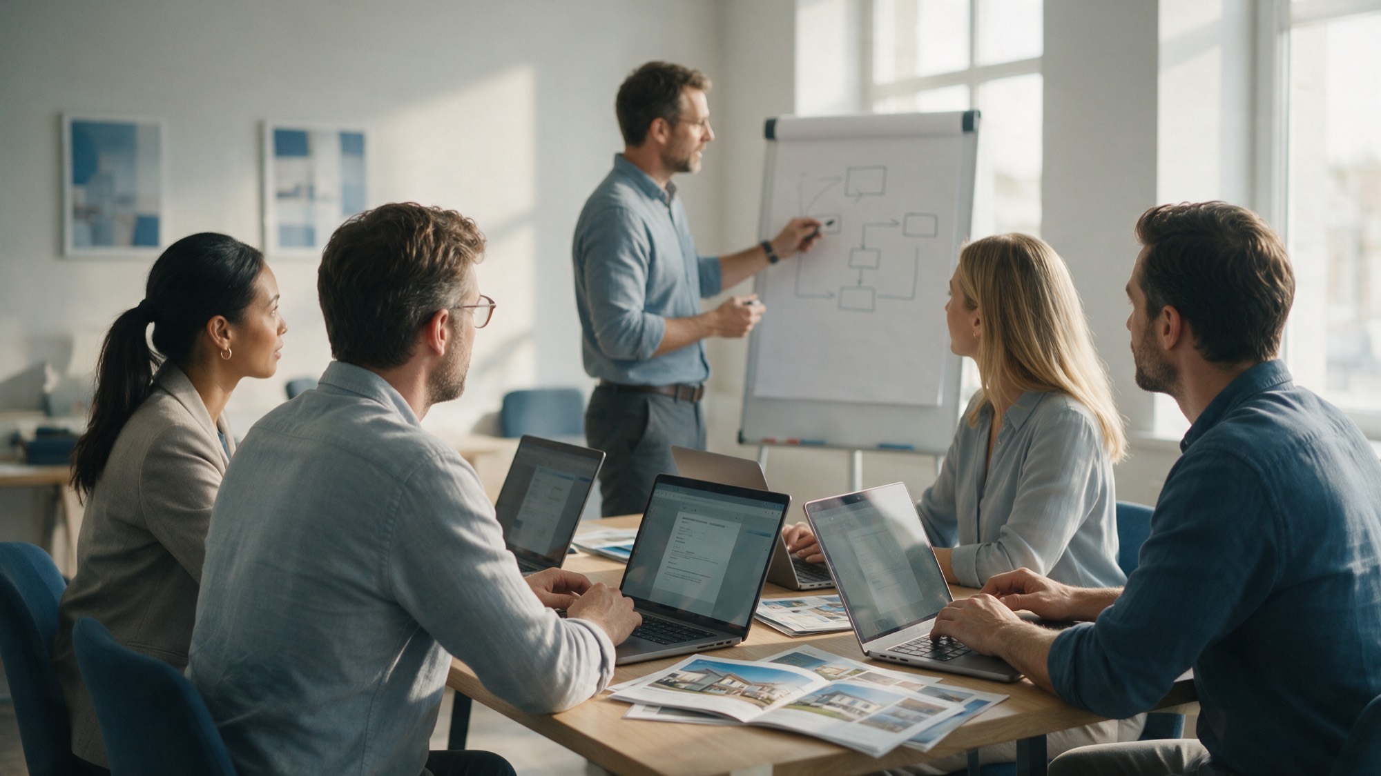 Workshop-Szene: Team am Besprechungstisch mit Laptops, Trainer skizziert einen Workflow am Whiteboard